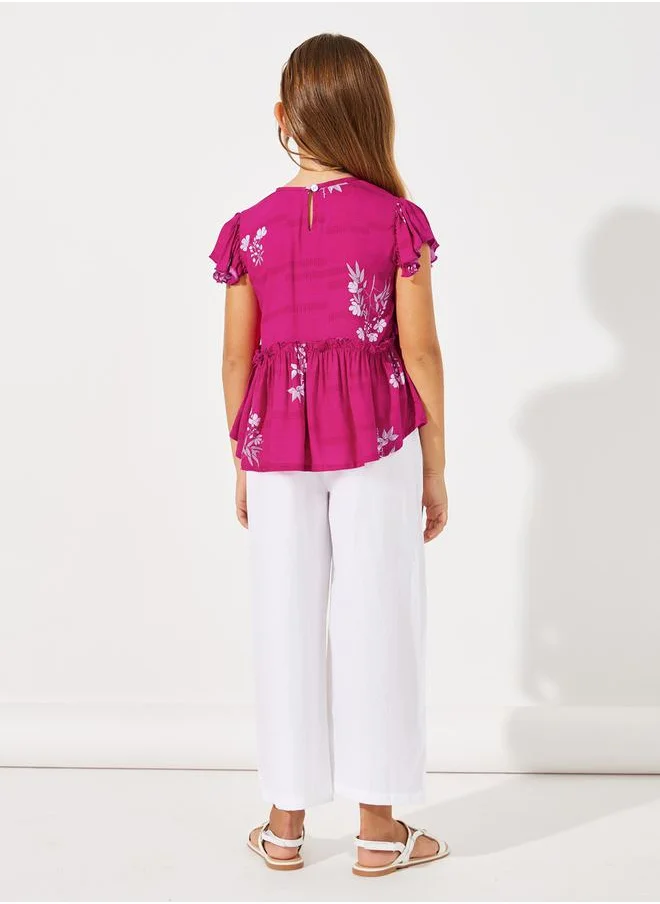 Styli Ruffled Peplum Top & Straight Leg Pants Set