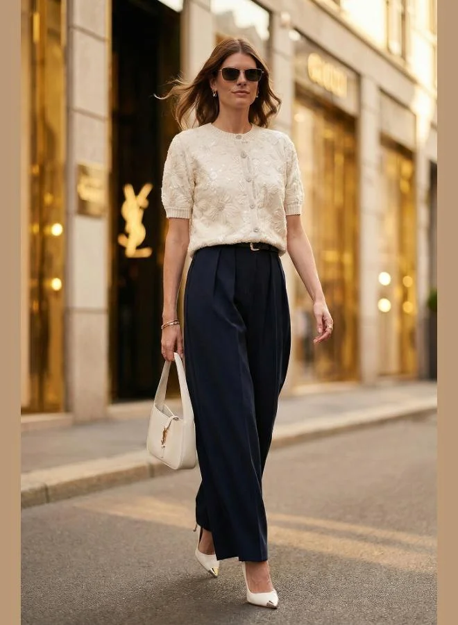 ليلا بنطلون بالازو نسائي بخصر عالٍ مطوي بحزام