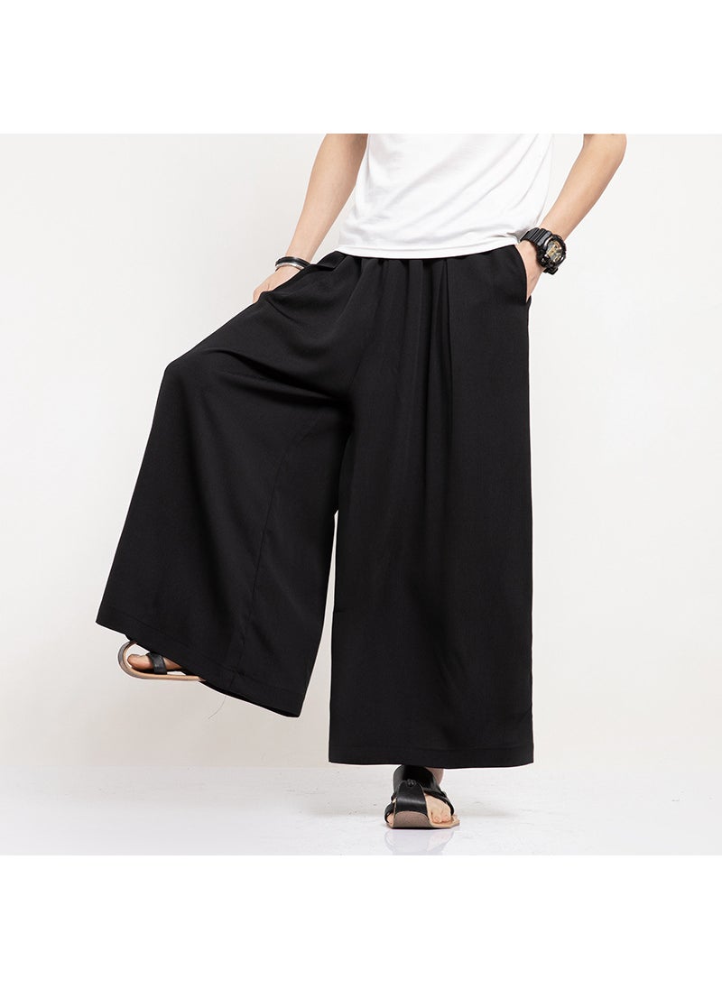 Generic - Chinese Style Wide Leg Mens Loose Straight Casual Thin Nine Points Harlan Skirt Pants Fashionable Cloud Pants Black - Image 1