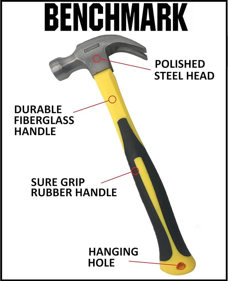 Benchmark 3 Pack of Claw Hammers (20 oz, 16 oz, 8 oz) with Sure-Grip Fiberglass Handles and Polished Steel Head - Image 2