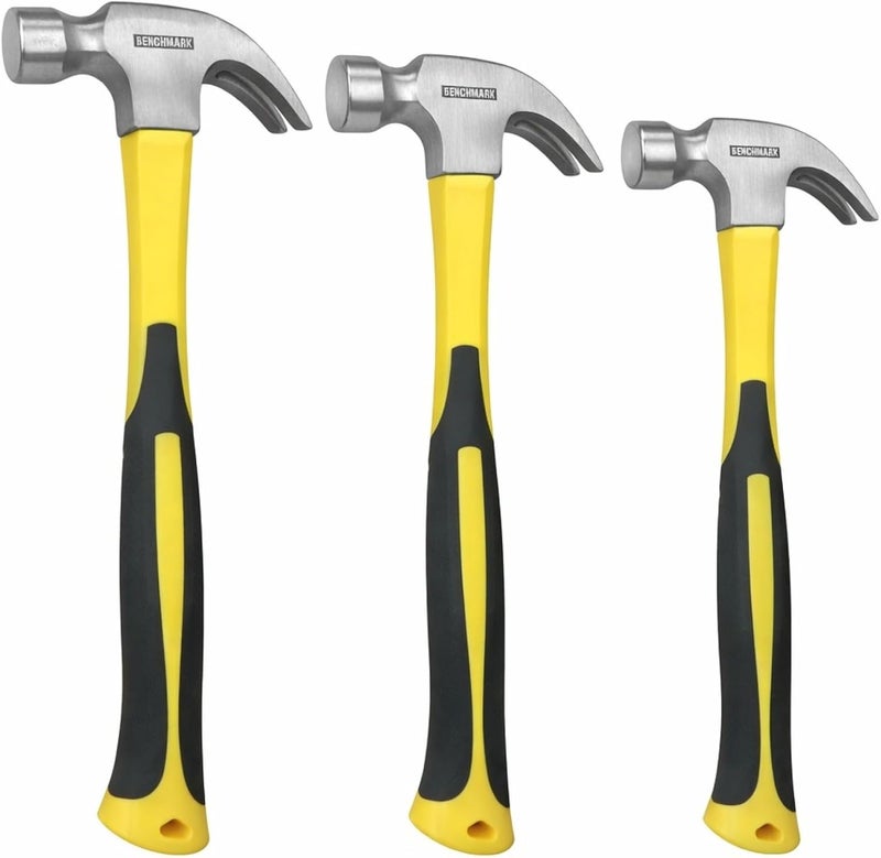 Benchmark 3 Pack of Claw Hammers (20 oz, 16 oz, 8 oz) with Sure-Grip Fiberglass Handles and Polished Steel Head - Image 1