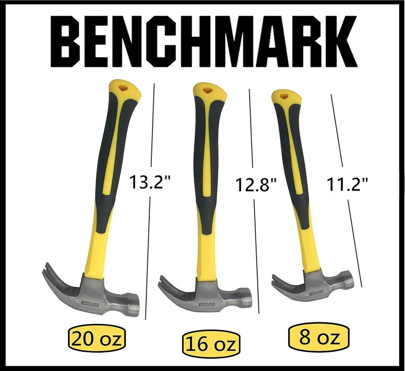 Benchmark 3 Pack of Claw Hammers (20 oz, 16 oz, 8 oz) with Sure-Grip Fiberglass Handles and Polished Steel Head - Image 3