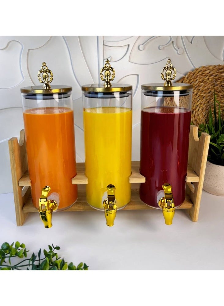 A very stylish wooden glass dispenser with three glass bottles on a wooden stand with a gold plastic handle and a sturdy, unbreakable plastic spout. Perfect for juices, water, and other delicious drinks. Each bottle holds approximately 1.5 liters. - Image 2