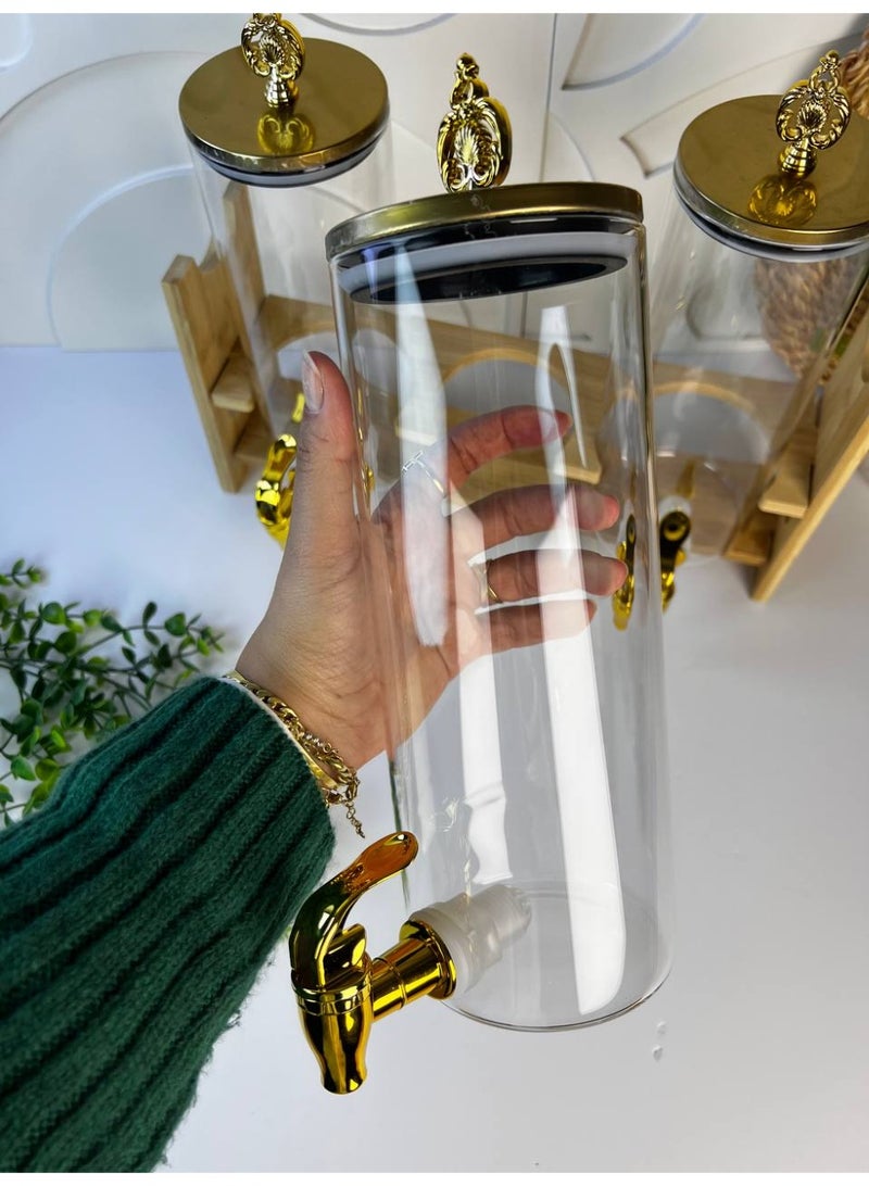 A very stylish wooden glass dispenser with three glass bottles on a wooden stand with a gold plastic handle and a sturdy, unbreakable plastic spout. Perfect for juices, water, and other delicious drinks. Each bottle holds approximately 1.5 liters. - Image 4