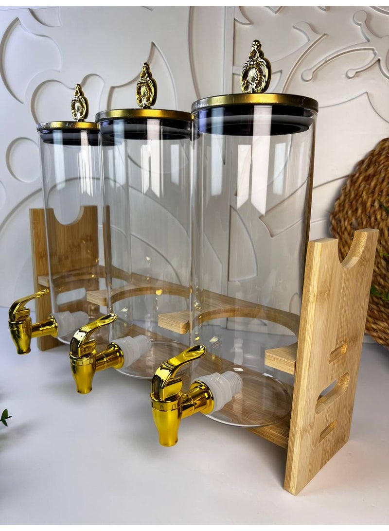 A very stylish wooden glass dispenser with three glass bottles on a wooden stand with a gold plastic handle and a sturdy, unbreakable plastic spout. Perfect for juices, water, and other delicious drinks. Each bottle holds approximately 1.5 liters. - Image 3