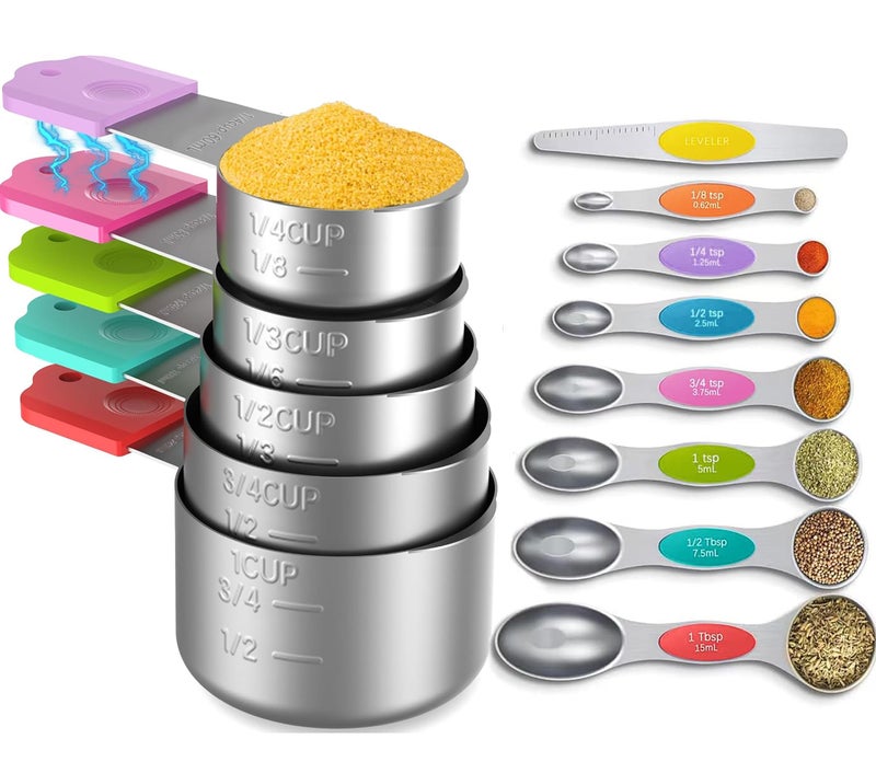 Minteem Magnetic Measuring Cups and Spoons Set 5 Nesting Stainless Steel Measuring Cup Set with Easy to Read Markings 7 Magnetic Measuring Spoons 1 Leveler for Measuring Dry or Liquid Ingredients