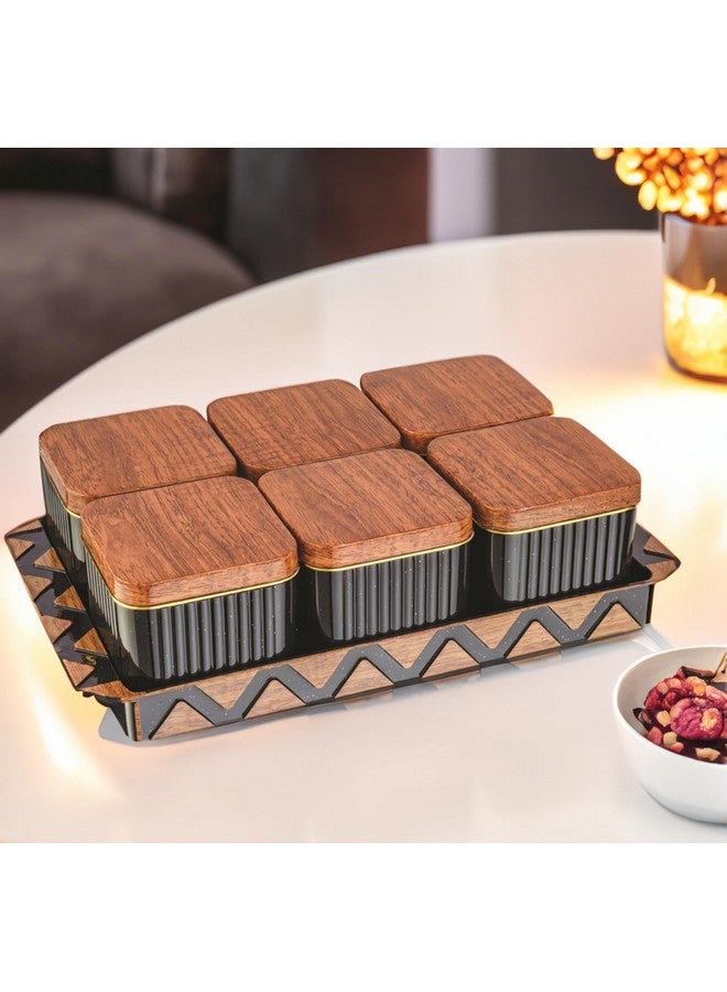 Nabhya Bellagio Wooden 6pc Multipurpose Airtight Dry Fruit Container With Lid & Serving Tray, Kitchen Food Storage Container Set, Diwali Gifting Items For Friends, Family Employees,(Pack Of 6) (Brown) - Image 1