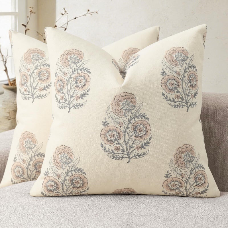 YCOLL Vintage Floral Print Pillow Covers 18x18 Set of 2 Patterned Accent Decorative Cushion Covers Modern Farmhouse Throw Pillow Covers for Sofa Couch Chair Bed Living Room Home Decor, Blush Pink - Image 1