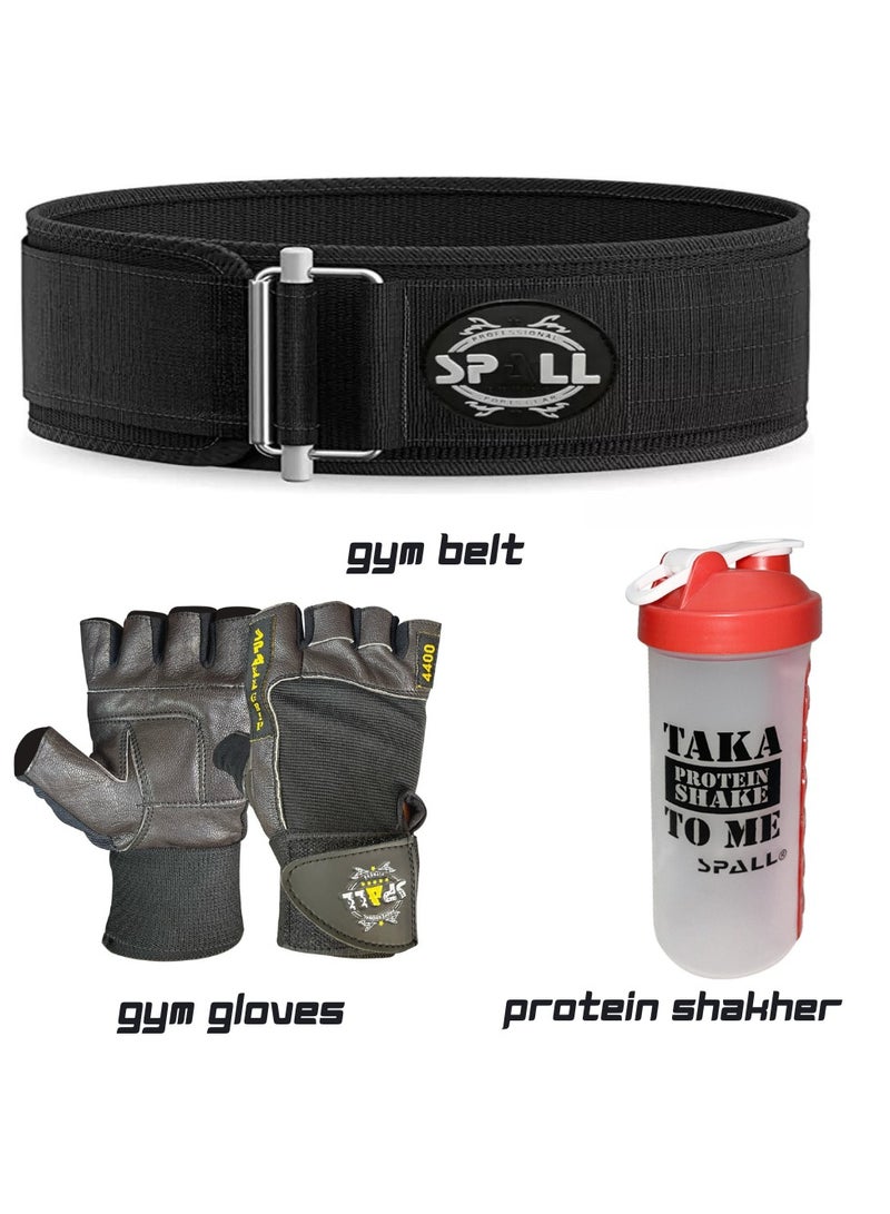 Spall Fitness Combo off Weightlifting Gym Belt, with Professional Gym Gloves & Protein Shaker Bottle Pill Holder  - Image 1