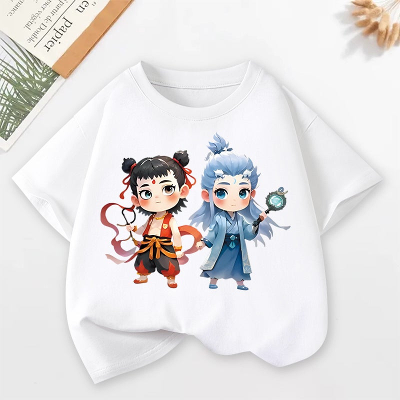 Boys' Short-Sleeved T-Shirt 2025 Summer Cartoon Printed White Top Pure Cotton Loose Baby Children'S Wear - Image 1