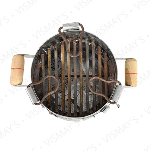 VISMAY'S Vismay’s Heavy-Duty Iron Sigdi (27 x 23 CM) Angiti with Strong Stand & Vertical Support Wooden Handle Strong Riveted Rods Chulha Heater Griller Tandoor Stove for Cooking with Heavy Chimta & Coal 500gm - Image 5