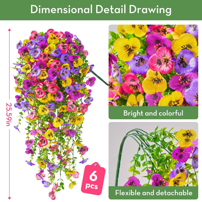 Serwalin Artificial Fake Hanging Flowers for Outdoors Planters,6PCS UV Resistant Faux Pansy Spring Flowers for Outside Porch Patio Garden Window Box (Mixed Colors) - Image 4
