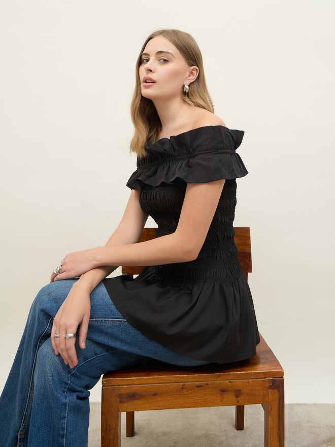 Styli Off Shoulder Smocked Detail Longline Top