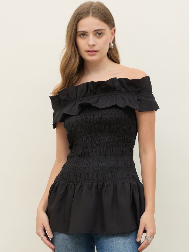 Styli Off Shoulder Smocked Detail Longline Top - Image 1