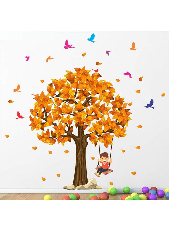 عصا لي ملصق حائط StickMe "أطفال وشجرة - طيور - خريف - ديكور - إبداعي - ملون" -SM748 (متعدد الألوان، فينيل - 120 سم × 120 سم)