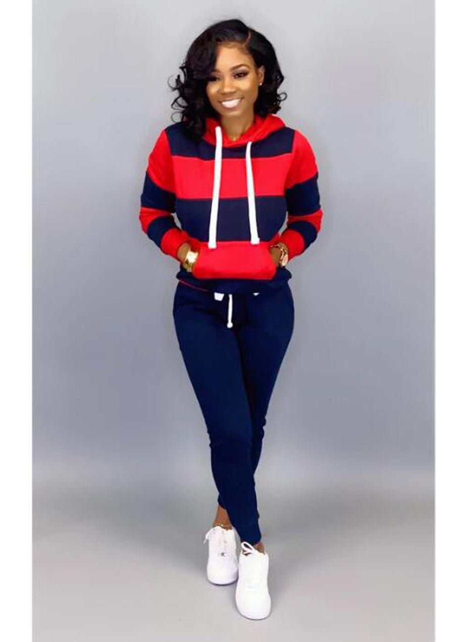 Generic Fashionable Womens Hoodie  Pants Set Purplish blue + red 