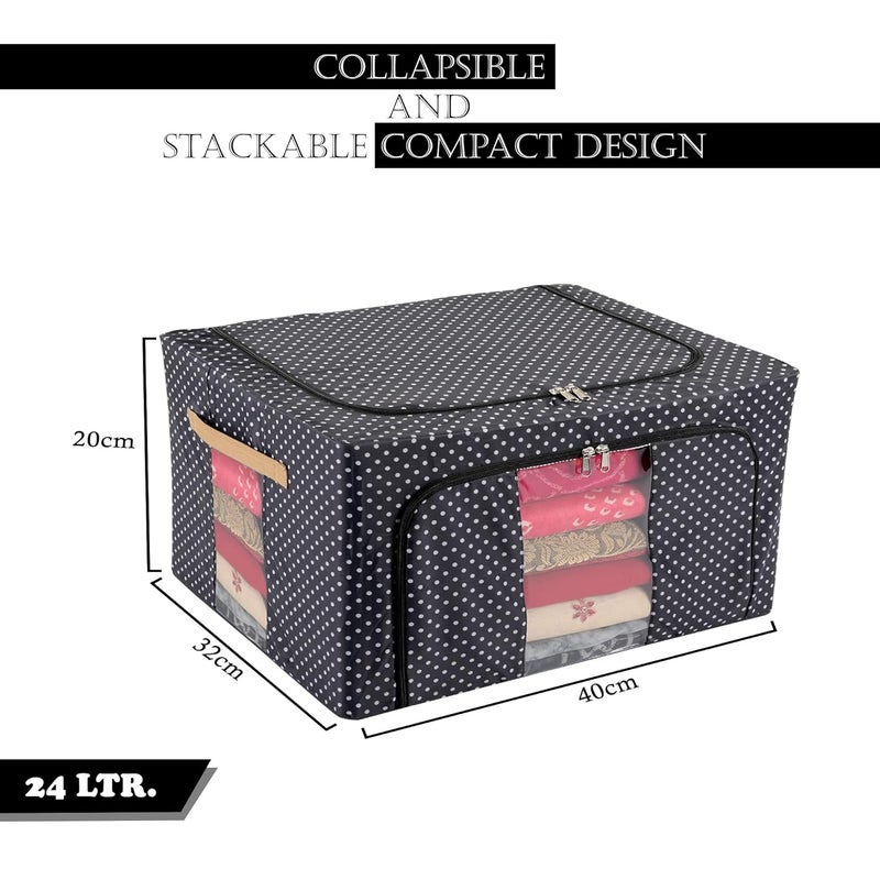 Urbane Home Urbane Home Pack of 4 Clothes Storage Box 24 Liter Wardrobe Organizer Parachute Steel Frame Drawer Organizer Waterproof Underbed Storage Box for Blankets Dot Print Blue Black  - Image 3