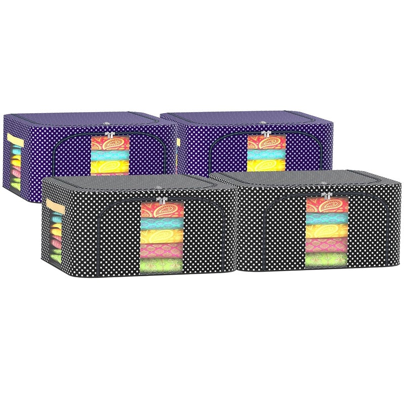 Urbane Home Urbane Home Pack of 4 Clothes Storage Box 24 Liter Wardrobe Organizer Parachute Steel Frame Drawer Organizer Waterproof Underbed Storage Box for Blankets Dot Print Blue Black  - Image 1