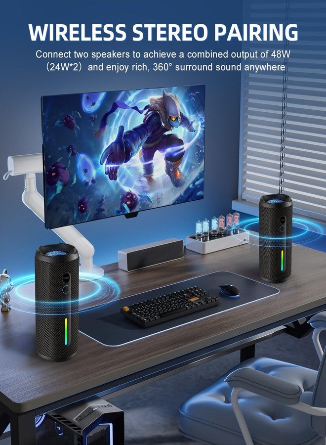 رايدن مكبر صوت بلوتوث محمول من أوهايو، مقاوم للماء بمعيار IPX7، لاسلكي، صوت ستيريو بقوة 24 واط، صوت جهير إضافي نشط، بلوتوث 5.3، إضاءة RGB، إمكانية الاقتران المزدوج، يصل وقت التشغيل إلى 30 ساعة، مناسب للمنزل، والأماكن الخارجية، والحفلات. - Image 4