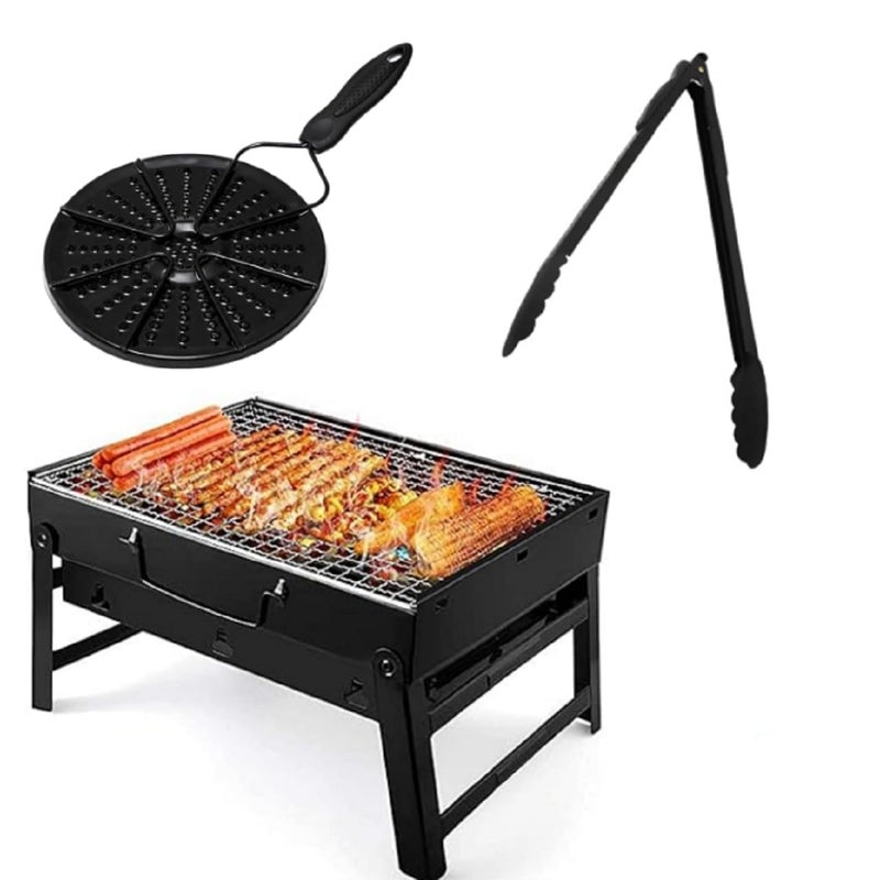 SHREESAMP SHREESAMP BBQ Pans Nonstick Cookware Plate Grill with Camping Hiking Tandoori Grill Barbeque for Picnics Traveling Kitchen Food cooking Serving Home Baking Party Tong Combo 3Pcs [ Black ] (28x36 x7CM)  - Image 1