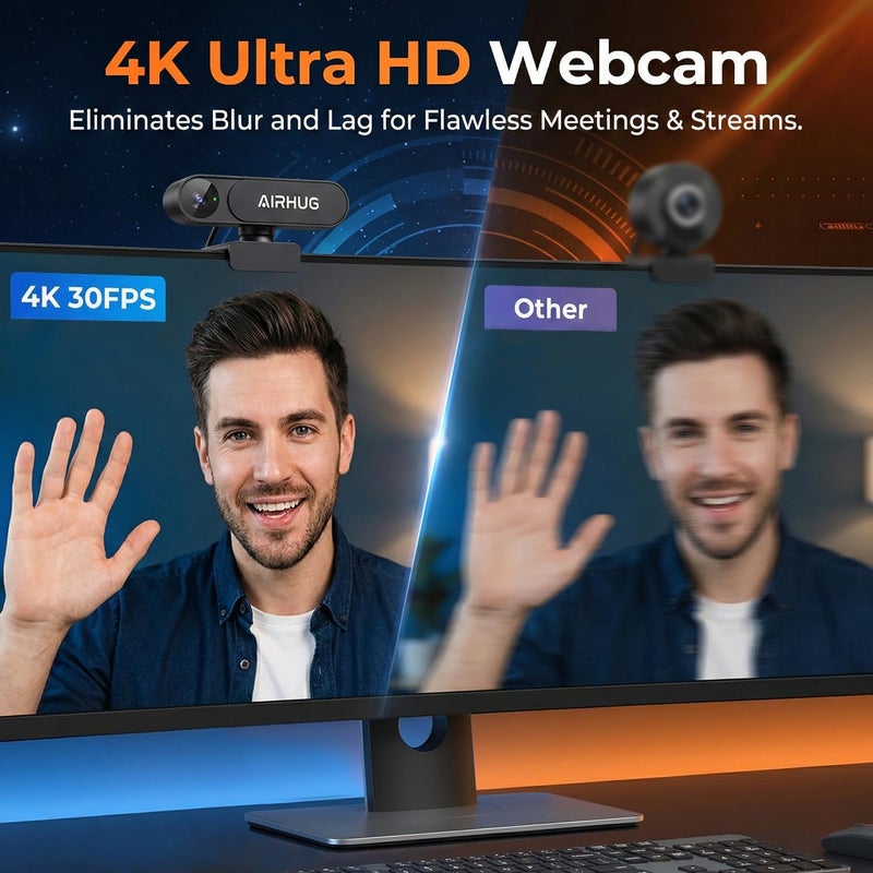 AIRHUG كاميرا ويب 4K UHD USB بدون ميكروفون مزودة بغطاء خاص لضمان الخصوصية خلال الاجتماعات: مستشعر Sony بدقة 16 ميجابكسل، تركيز سريع بتقنية PDAF، زاوية رؤية 63 درجة، تصحيح تلقائي للإضاءة، كاميرا للبث بدون صوت للاستخدام مع أجهزة الكمبيوتر أو اللابتوب أو المكاتب. - Image 3