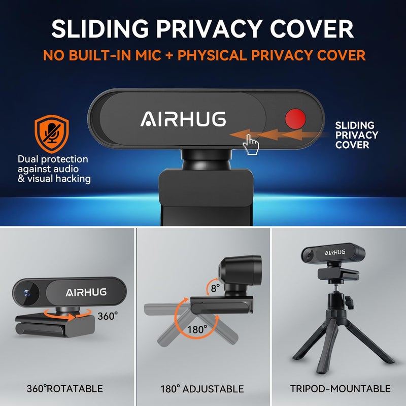AIRHUG كاميرا ويب 4K UHD USB بدون ميكروفون مزودة بغطاء خاص لضمان الخصوصية خلال الاجتماعات: مستشعر Sony بدقة 16 ميجابكسل، تركيز سريع بتقنية PDAF، زاوية رؤية 63 درجة، تصحيح تلقائي للإضاءة، كاميرا للبث بدون صوت للاستخدام مع أجهزة الكمبيوتر أو اللابتوب أو المكاتب. - Image 2
