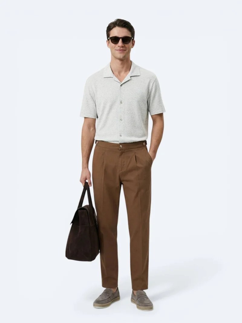 Kip Beige Patterned Regular Fit Short Knitting Casual Linen Blended Shirt