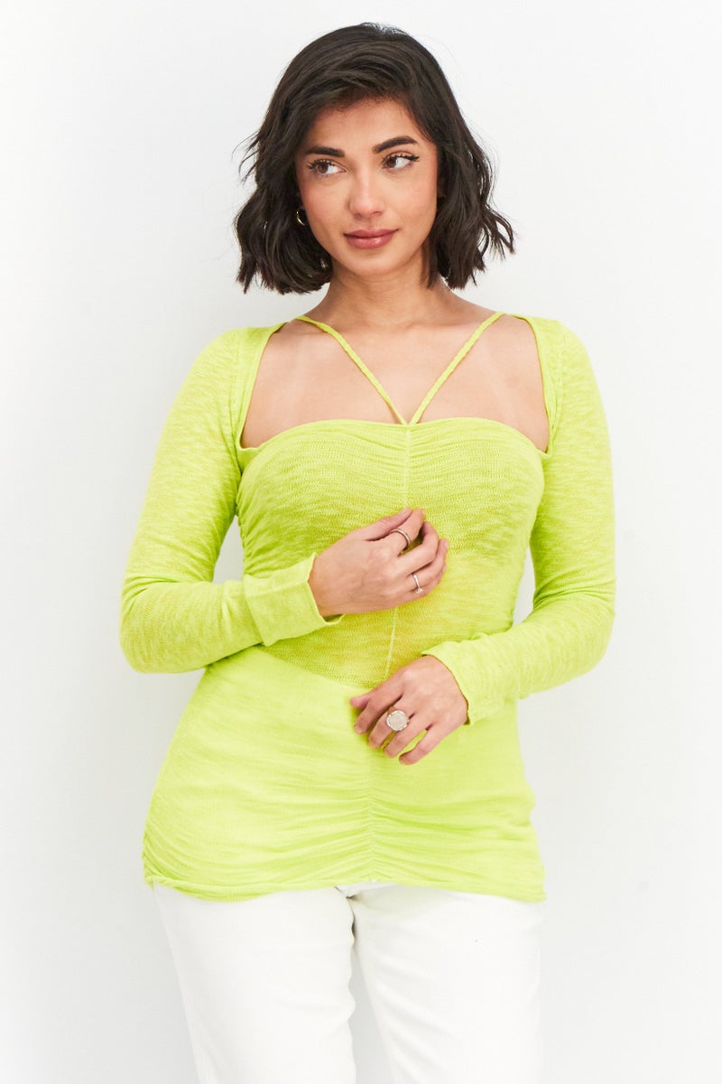 Asos Design Women Square Neck Long Sleeve Textured Blouse, Lime Green  - Image 1