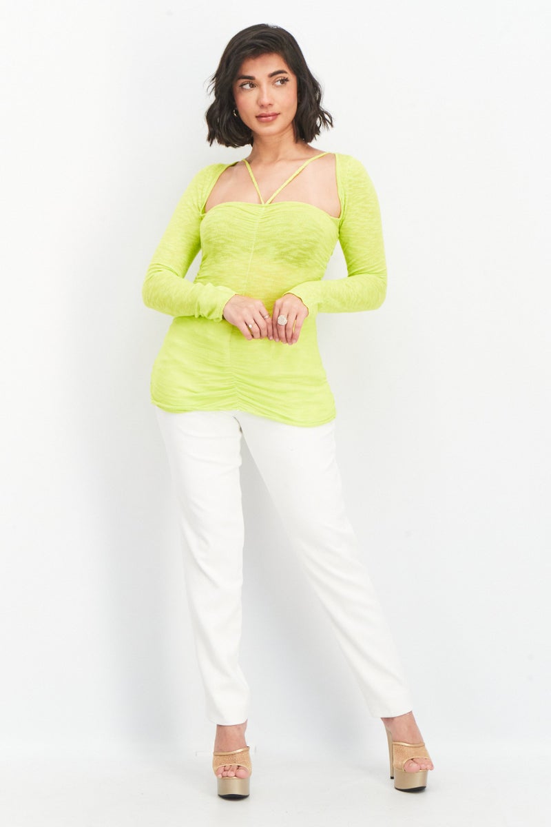 Asos Design Women Square Neck Long Sleeve Textured Blouse, Lime Green  - Image 3