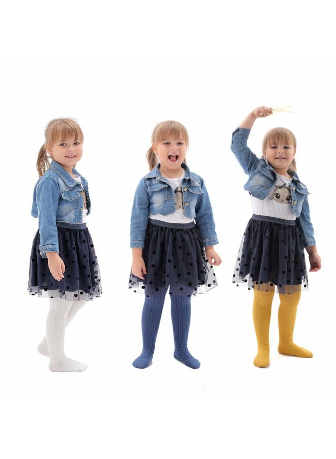 Epeius Little Girl Tights Toddler Baby Girl Seamless Cable Knit Leggings Thick Solid Cotton Stockings Footed Pants for 2-4 Years 3 Pair Pack,White/Blue/Yellow - Image 2