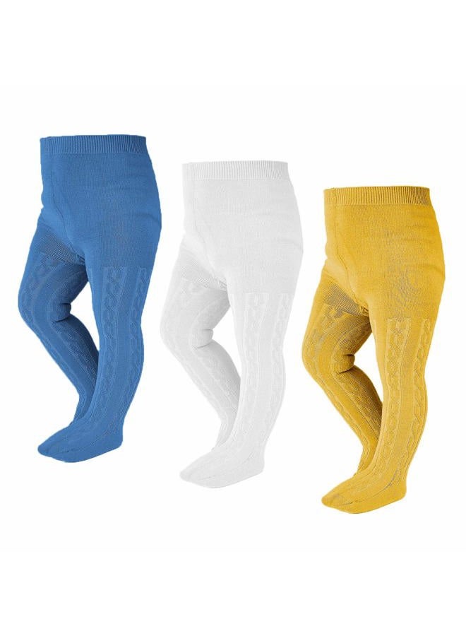 Epeius Little Girl Tights Toddler Baby Girl Seamless Cable Knit Leggings Thick Solid Cotton Stockings Footed Pants for 2-4 Years 3 Pair Pack,White/Blue/Yellow - Image 1