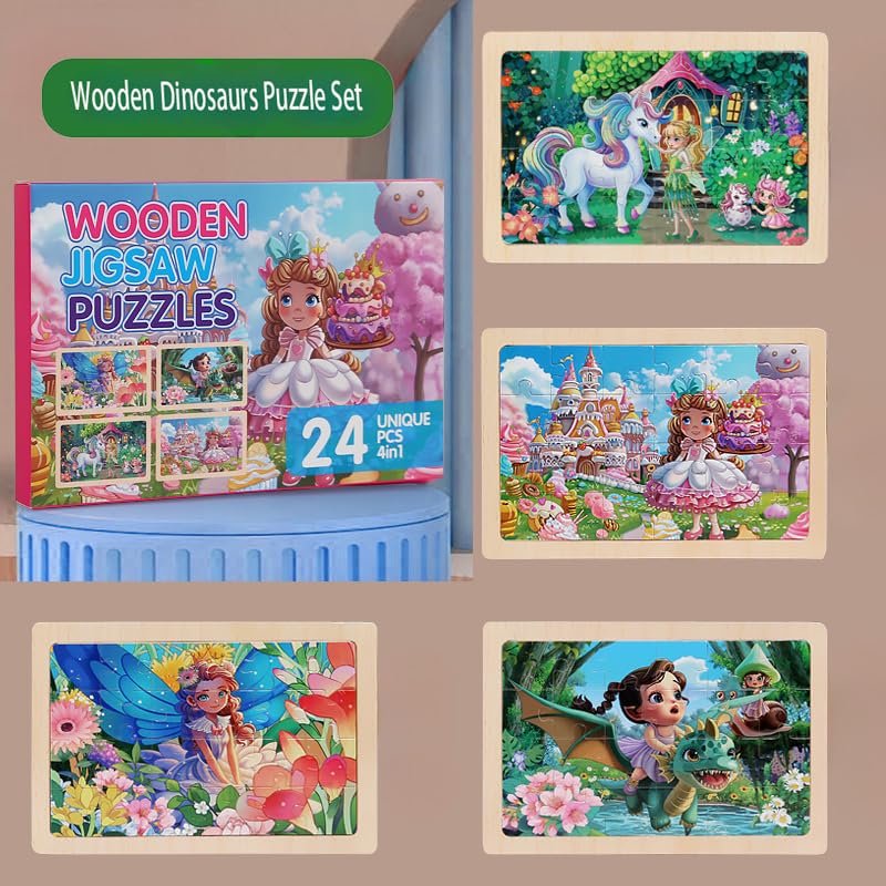 MAX JHQIQU 4 Sets of Wooden Puzzles, Each Set has 24 Pieces, Including Castle Unicorn Princess, for Toddlers 3-5, Puzzles for Kids Ages 4-6, Preschool Educational Brain Teaser Toys for Girls 3 4 5 6 Years Old. - Image 3