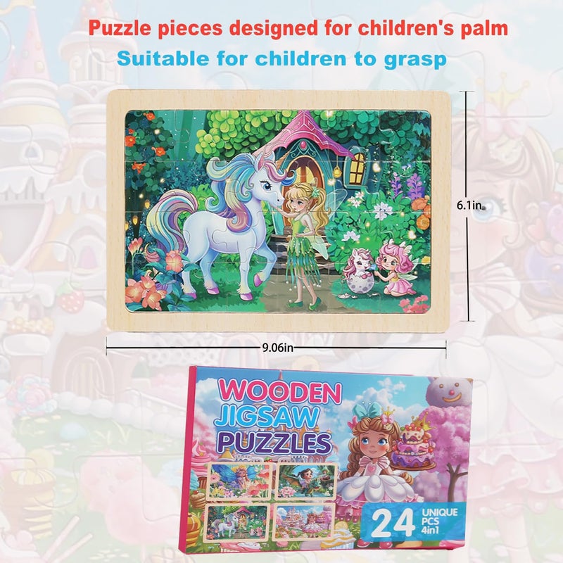 MAX JHQIQU 4 Sets of Wooden Puzzles, Each Set has 24 Pieces, Including Castle Unicorn Princess, for Toddlers 3-5, Puzzles for Kids Ages 4-6, Preschool Educational Brain Teaser Toys for Girls 3 4 5 6 Years Old. - Image 4