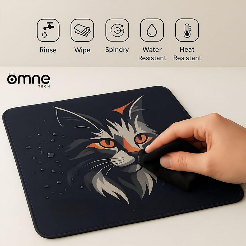 omne TECH سجادة ماوس للمكتب | سطح مقاوم للماء ناعم، قاعدة مطاطية غير قابلة للانزلاق، سجادة ماوس متينة ومريحة للمكتب، اللابتوب والكمبيوتر (تصميم قطة) - Image 2