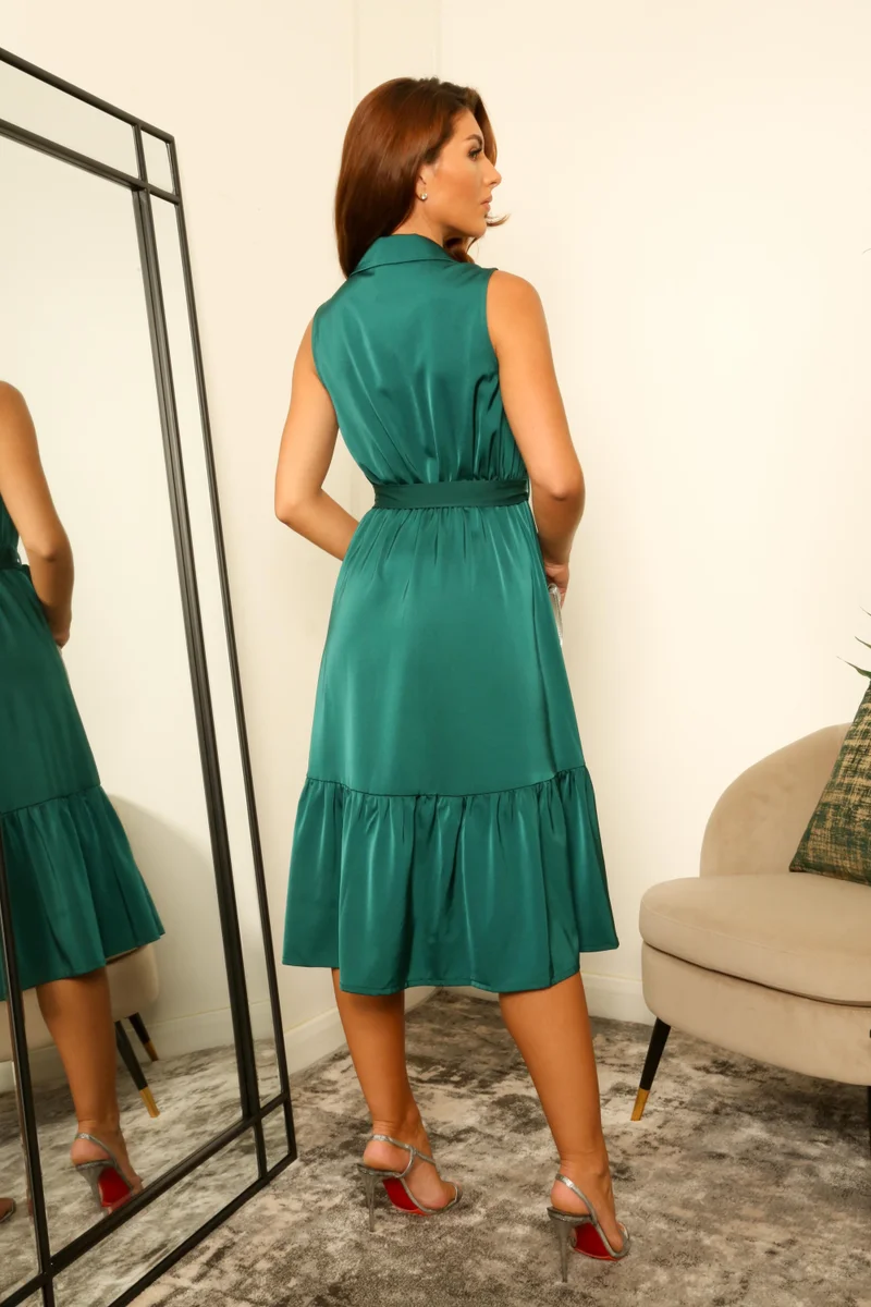Double Second emerald green Green Sleeveless Satin Wrap Dress with Collar for Women | Best Price UAE