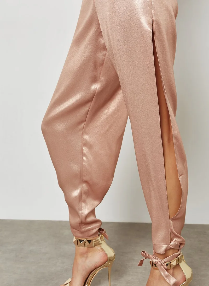 Missguided Rose Gold High Shine Split Wrap Tie Trousers