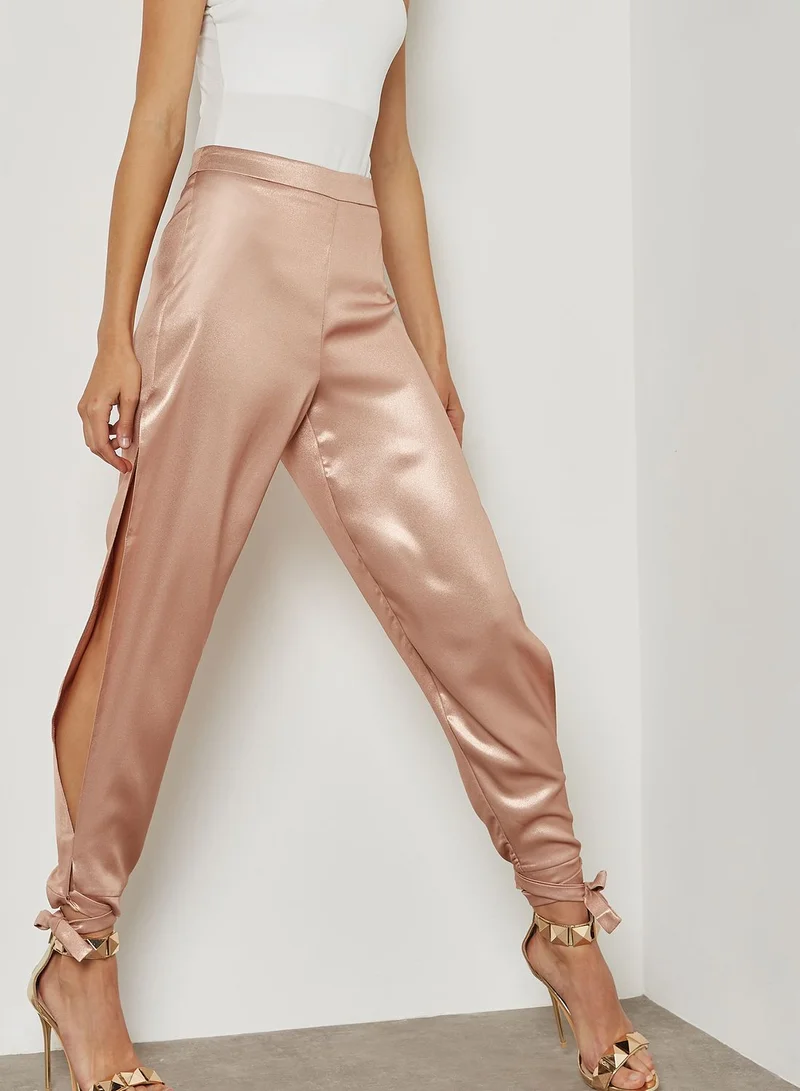 Missguided Rose Gold High Shine Split Wrap Tie Trousers
