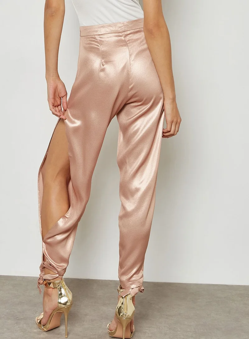 Missguided Rose Gold High Shine Split Wrap Tie Trousers