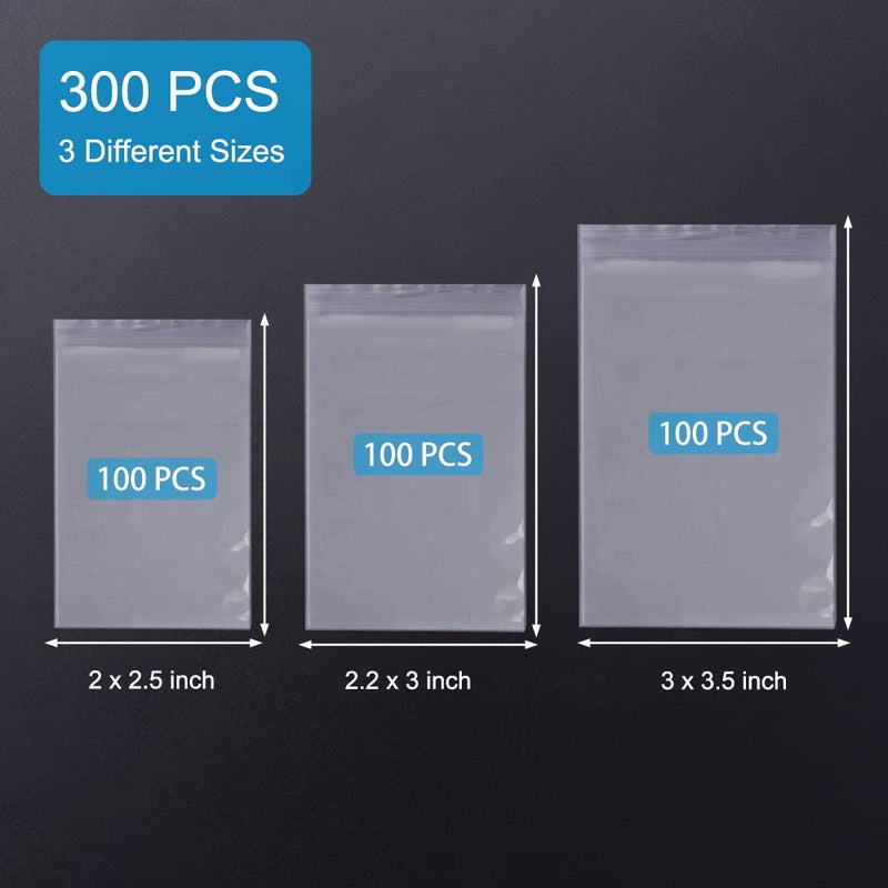 WOW DING Small Plastic Bags, 300 PCS Mini Baggies, 3 Assorted Sizes, Transparent Jewelry Bag Reclosable, Clear Bag, Resealable Poly Bags for Pill, Beads, Screws, Packaging - Image 2