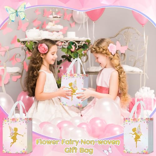 Locmeo 24 Pcs Floral Fairy Party Favor Bags with Handles Reusable Non Woven Floral Fairy Goodie Bags Pink and Purple Candy Treat Gift Bag for Girl Boy Birthday Baby Shower Party, 8 x 4 x 10 Inch - Image 5