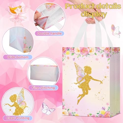 Locmeo 24 Pcs Floral Fairy Party Favor Bags with Handles Reusable Non Woven Floral Fairy Goodie Bags Pink and Purple Candy Treat Gift Bag for Girl Boy Birthday Baby Shower Party, 8 x 4 x 10 Inch - Image 4