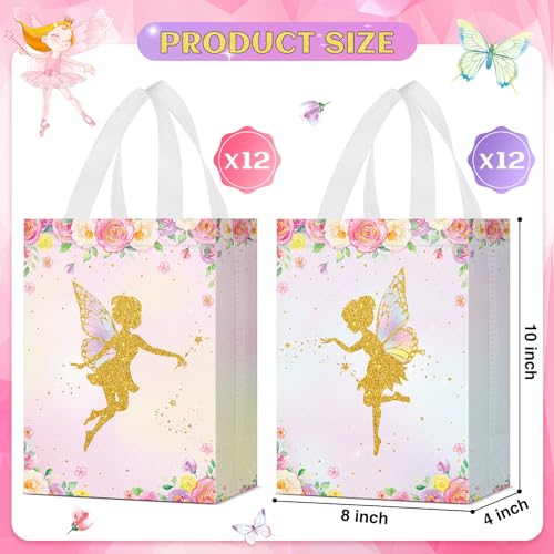 Locmeo 24 Pcs Floral Fairy Party Favor Bags with Handles Reusable Non Woven Floral Fairy Goodie Bags Pink and Purple Candy Treat Gift Bag for Girl Boy Birthday Baby Shower Party, 8 x 4 x 10 Inch - Image 3