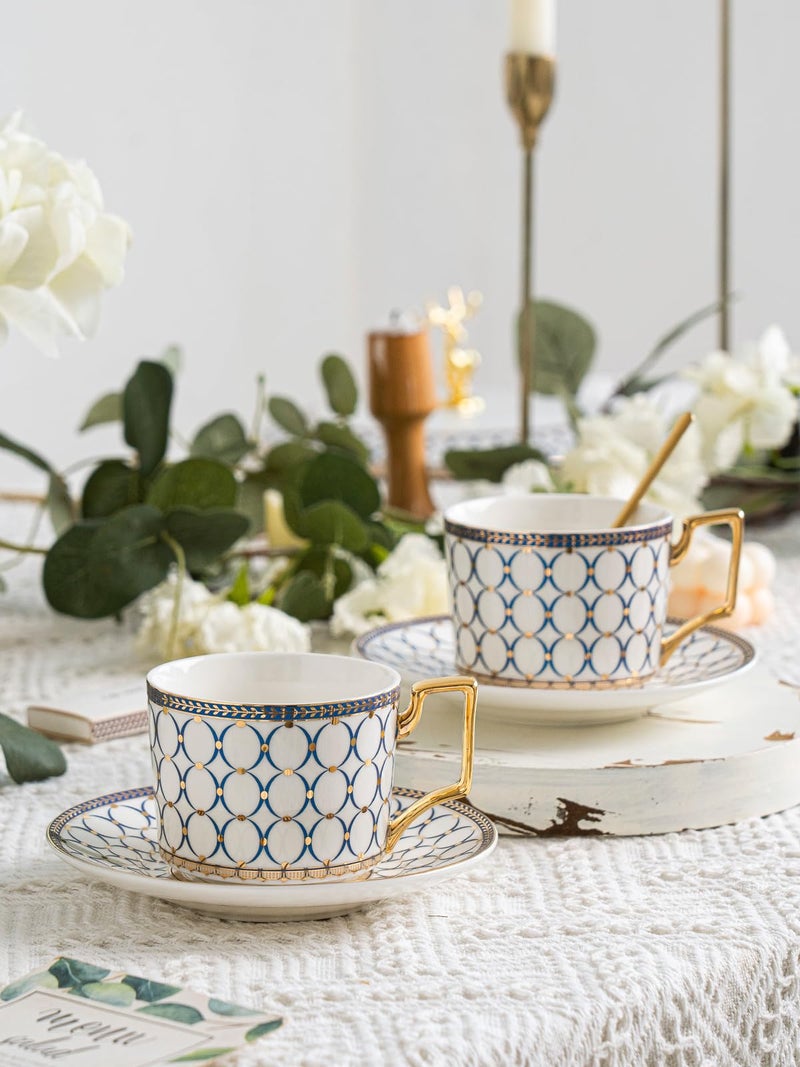 CwlwGO-European style cup and saucer set, 7 oz (about 198.4 grams) bone china exquisite glazed platinum tea cup and saucer (two sets), golden spoon, mug, cappuccino, latte, MOCHA, elegant female suit. - Image 4