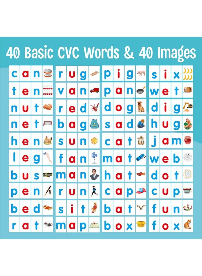 سبرايت جرو لوحة كلمات CVC، لوحة كلمات مزدوجة الجوانب، 40 كلمة قصيرة من حروف العلة، لوحة كلمات مستقلة، بطاقات تعليمية لكلمات الحروف الساكنة والحروف الساكنة، نشاط بناء الكلمات، أداة تعليمية تعليمية للوازم المدرسية - Image 3