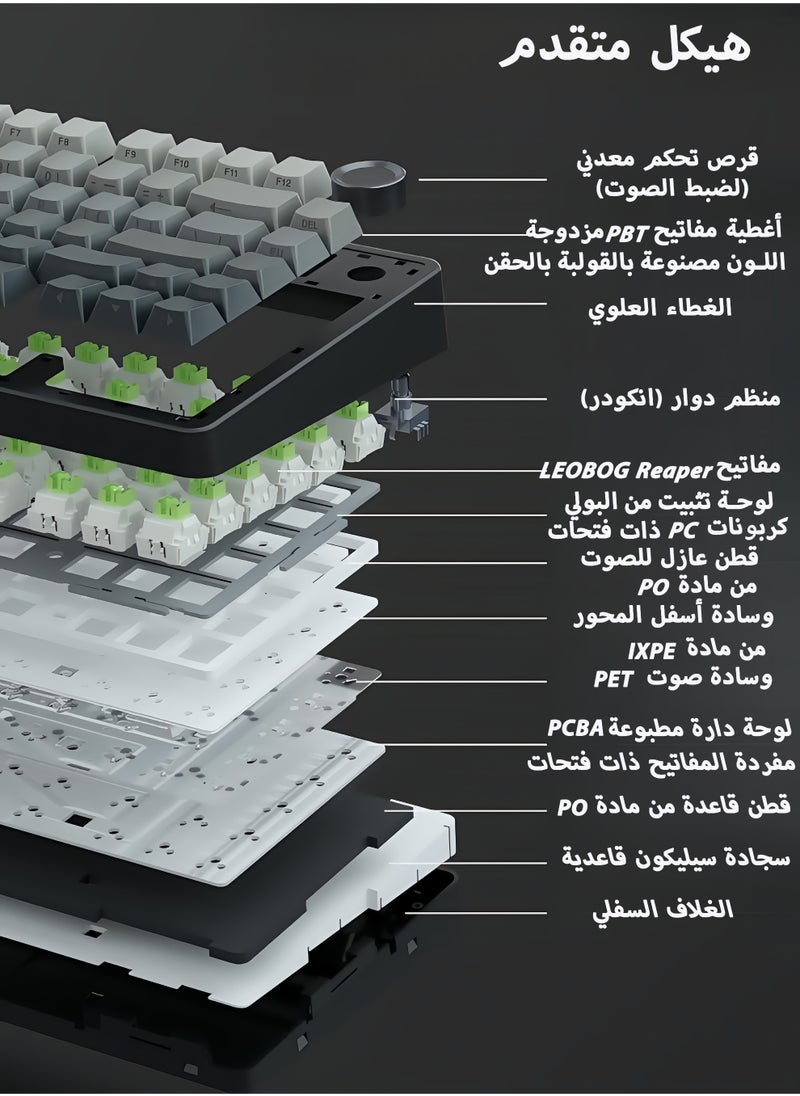 لوحة مفاتيح F75 الميكانيكية بسدادة، لوحة مفاتيح لاسلكية بنسبة 75% قابلة للتبديل الساخن أثناء التشغيل للعب، مع حشو بخمس طبقات ومقبض، بلوتوث/2.4 جيجاهرتز/يو إس بي-سي، إضاءة آر جي بي (التدرج الأسود )