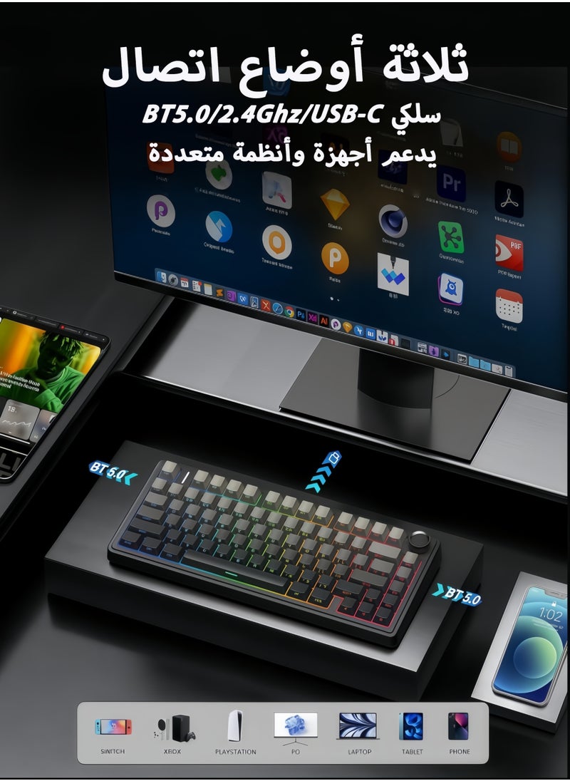 لوحة مفاتيح F75 الميكانيكية بسدادة، لوحة مفاتيح لاسلكية بنسبة 75% قابلة للتبديل الساخن أثناء التشغيل للعب، مع حشو بخمس طبقات ومقبض، بلوتوث/2.4 جيجاهرتز/يو إس بي-سي، إضاءة آر جي بي (التدرج الأسود )