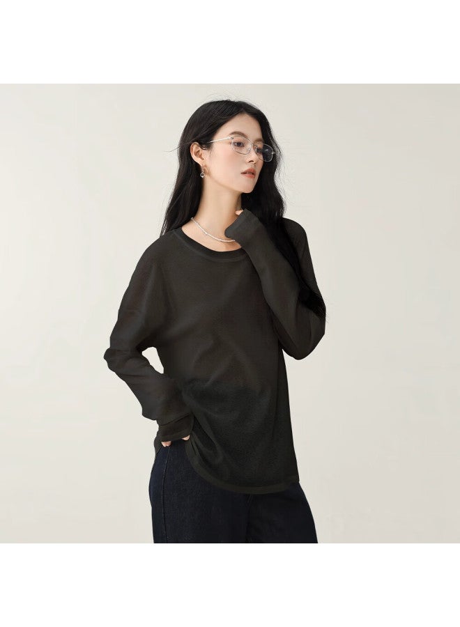 Don't speak Bieyu Thin Snowflake Cotton Long-sleeve T-shirt For Women,  New Summer Loose Sun Protection Cover-up, Solid Color Top, Gray, Size L - Image 2