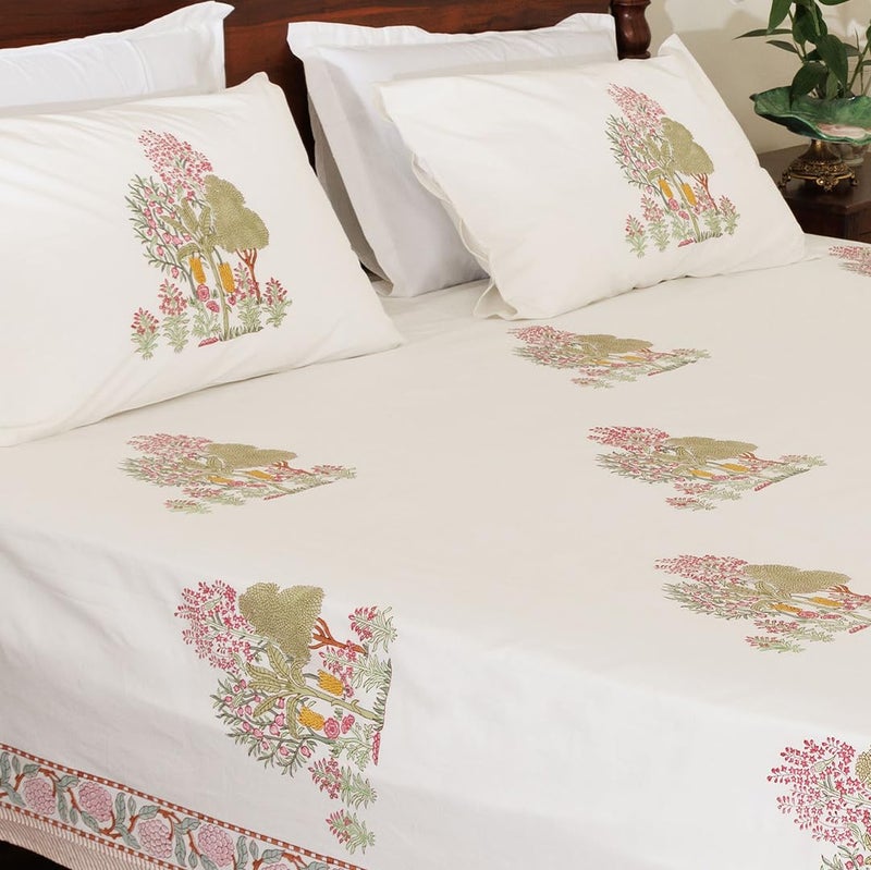 Baarno Darakht Handblock Print Bedsheet with 2 Pillow Covers Percale Cotton 220 TC Double bedsheet 90 108inches Color White - Image 4