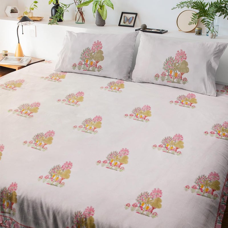Baarno Darakht Handblock Print Bedsheet with 2 Pillow Covers Percale Cotton 220 TC Double bedsheet 90 108inches Color White - Image 1