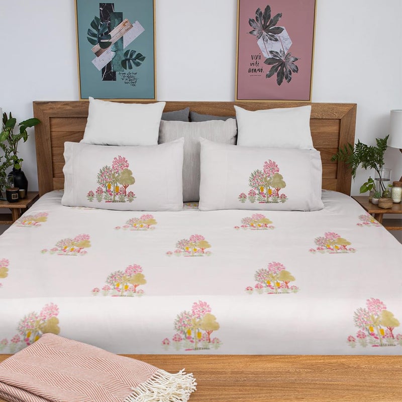Baarno Darakht Handblock Print Bedsheet with 2 Pillow Covers Percale Cotton 220 TC Double bedsheet 90 108inches Color White - Image 2